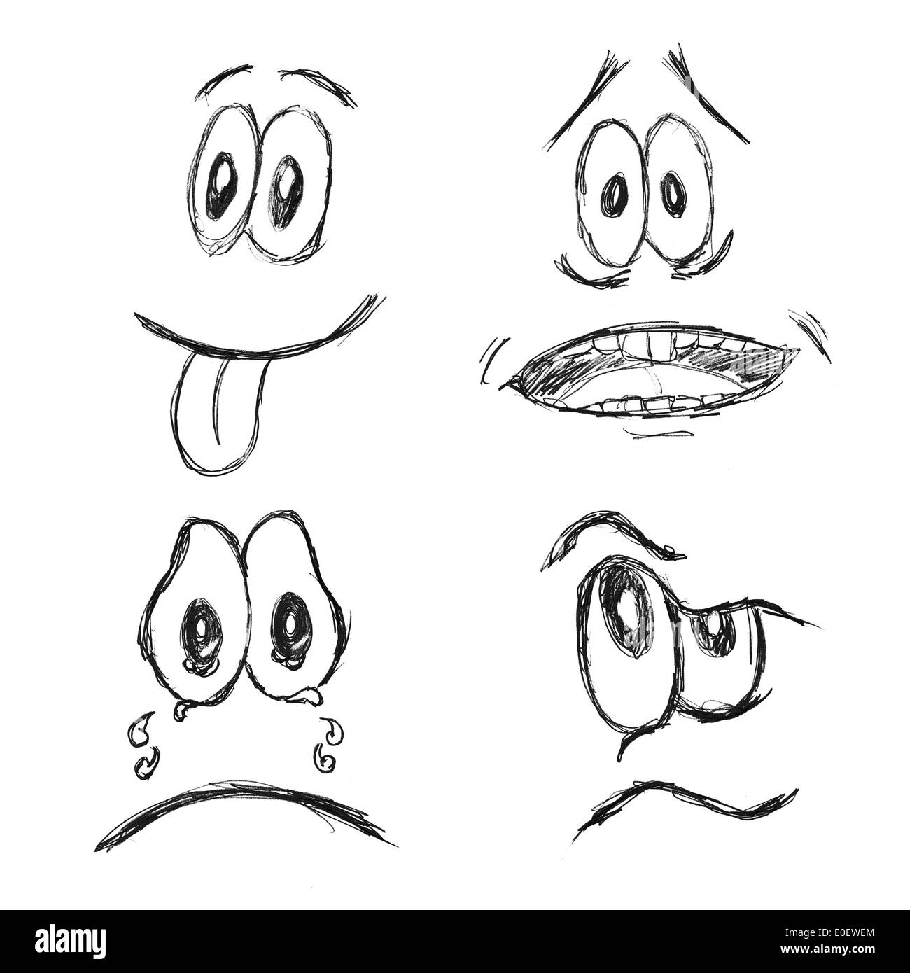 Doodle des émoticônes. Croquis illustrant différents visages emoji émotions - bonheur, la peur, la tristesse et l'inquiétude Banque D'Images