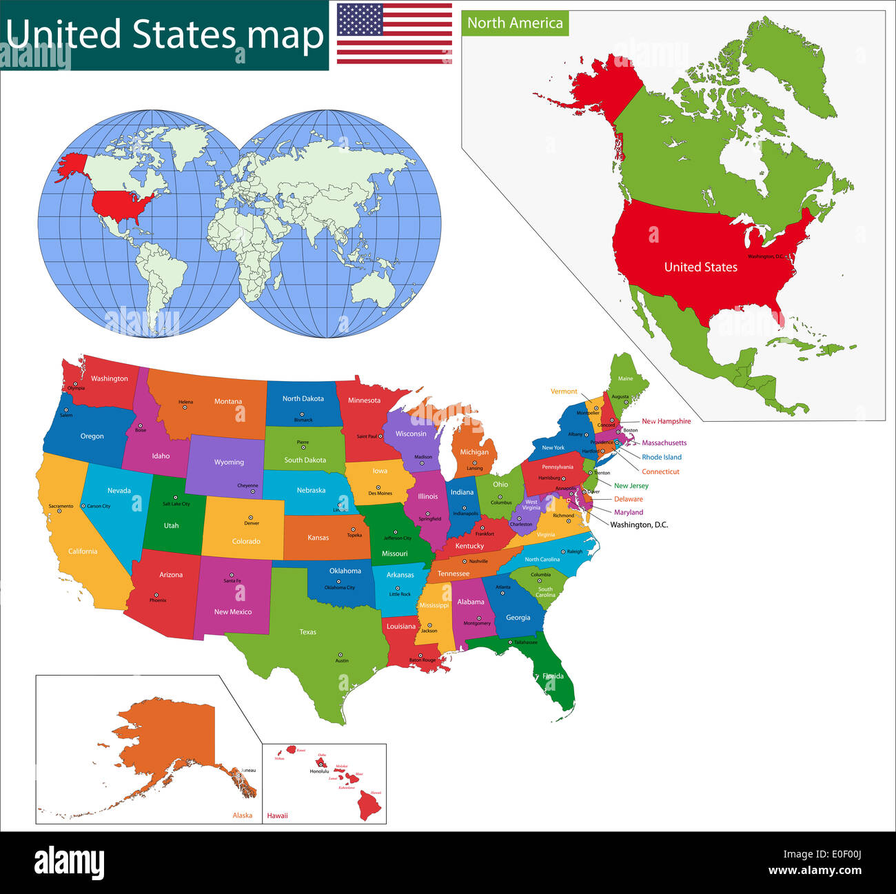 Carte des Etats-unis colorés Banque D'Images