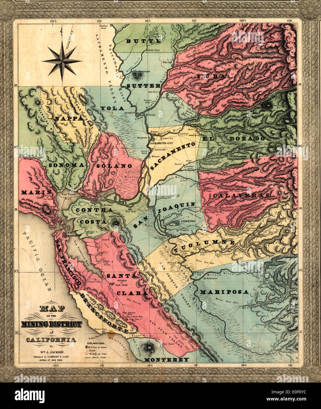 Plan de la région minière de Californie. 1851 Banque D'Images