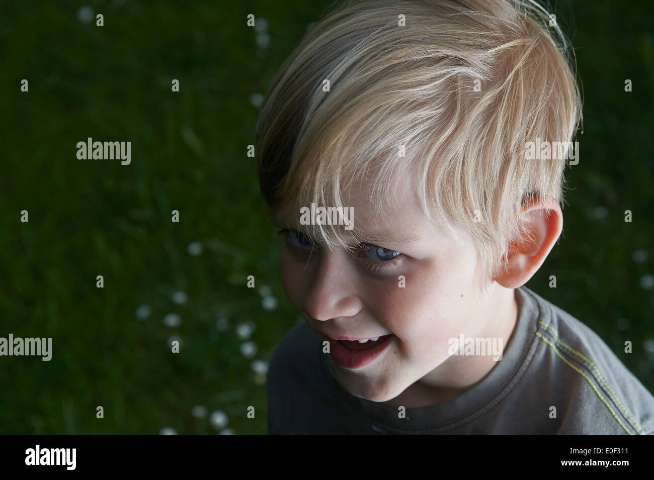 Petit enfant garçon blond dans la nature, portrait, fond d'herbe Banque D'Images