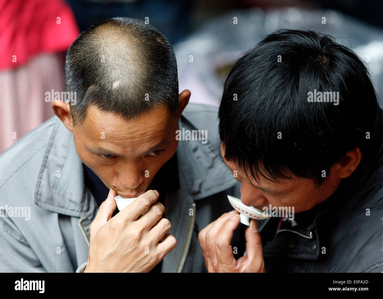 (140512) -- ANXI, 12 mai 2014 (Xinhua) -- Les clients goût Tieguanyin, le meilleur exemple de l'oolong variété produite dans le comté de Anxi Anxi, au plateau du marché de gros de la Chine du sud-est de la province de Fujian, le 10 mai 2014. Anxi a plus de 40 000 hectares de jardins de thé, avec une production annuelle d'environ 68 000 tonnes de thé. Environ 800 000 personnes Anxi sont impliqués dans l'industrie du thé. (Xinhua/Shen Bohan) (WF) Banque D'Images