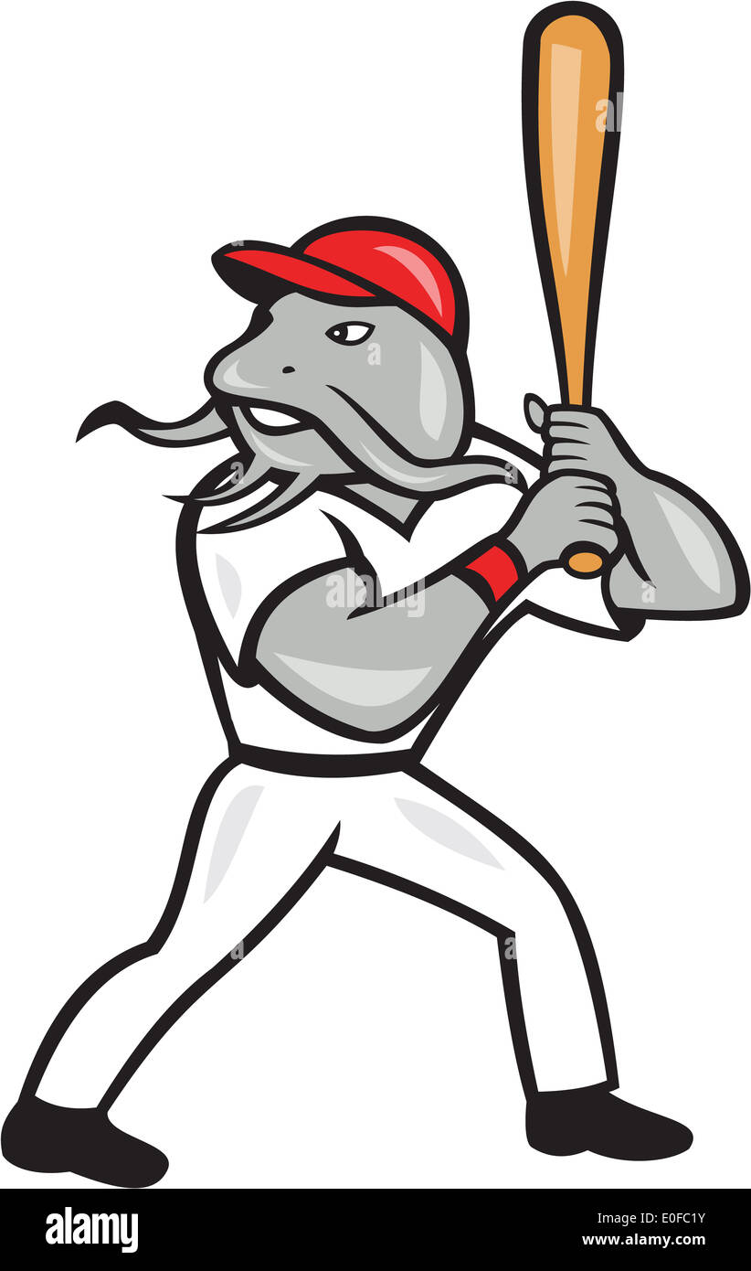 Illustration d'un poisson-chat joueur de baseball batter hitter batting vu de côté situé à l'intérieur de la forme de la crête du bouclier fait en cartoon style isolé sur fond blanc. Banque D'Images