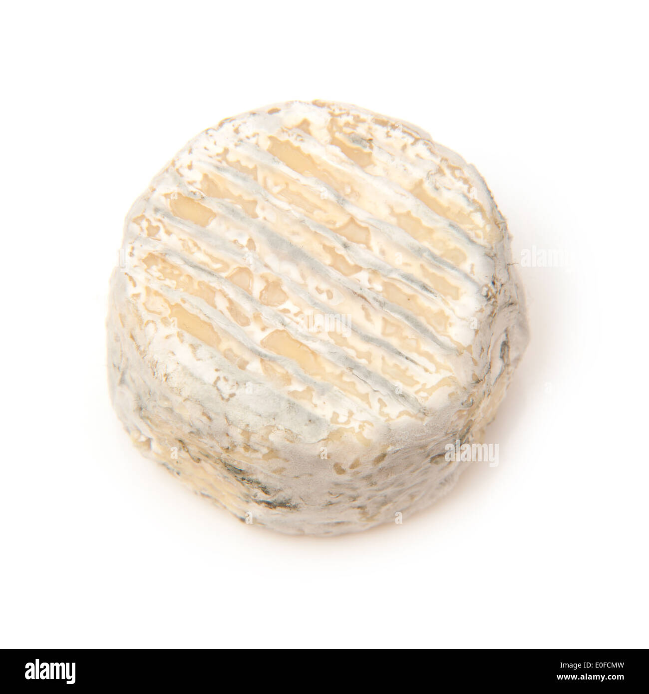 Fromage de chèvre français "crottin de chavignol" isolé sur un fond blanc studio. Banque D'Images