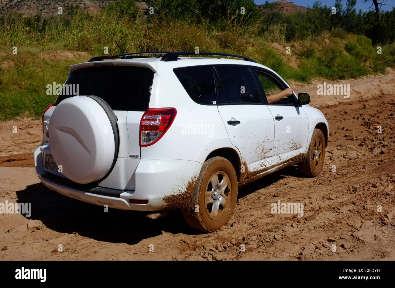 Toyota RAV4 SUV envisage la boue à un passage de la rivière de la route inondée dans le Palo Duro cayon Park, Texas, États-Unis Banque D'Images