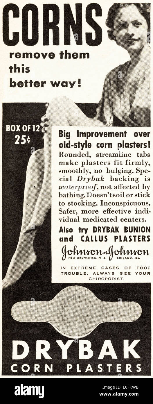 1930 Publicité pour DRYBAK PLГЎTRE MAÏS par Johnson & Johnson en magazine américain daté de décembre 1934 Banque D'Images