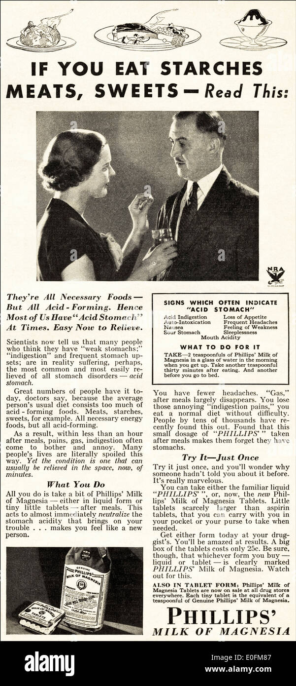 1930 publicité pour le lait de magnésie PHILLIPS au magazine américain daté de décembre 1934 Banque D'Images