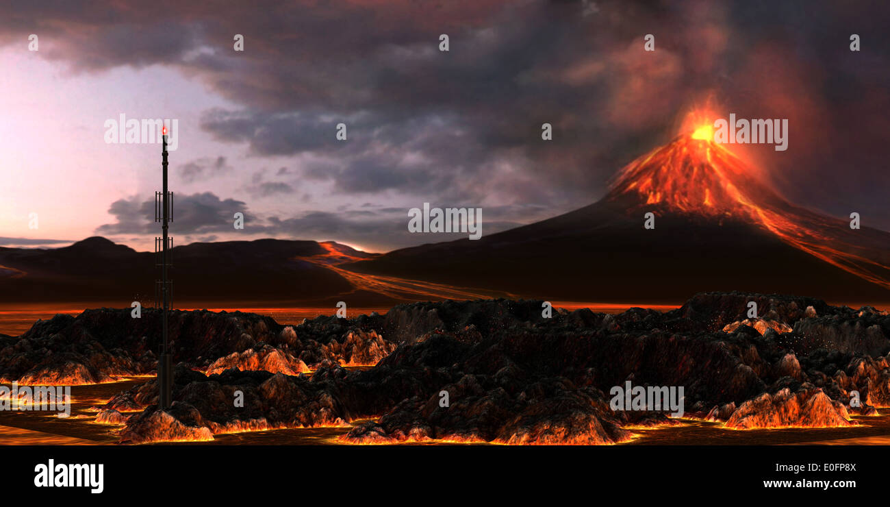 Un volcan crache des volutes de fumée et des rivières Red Hot Lava. Banque D'Images