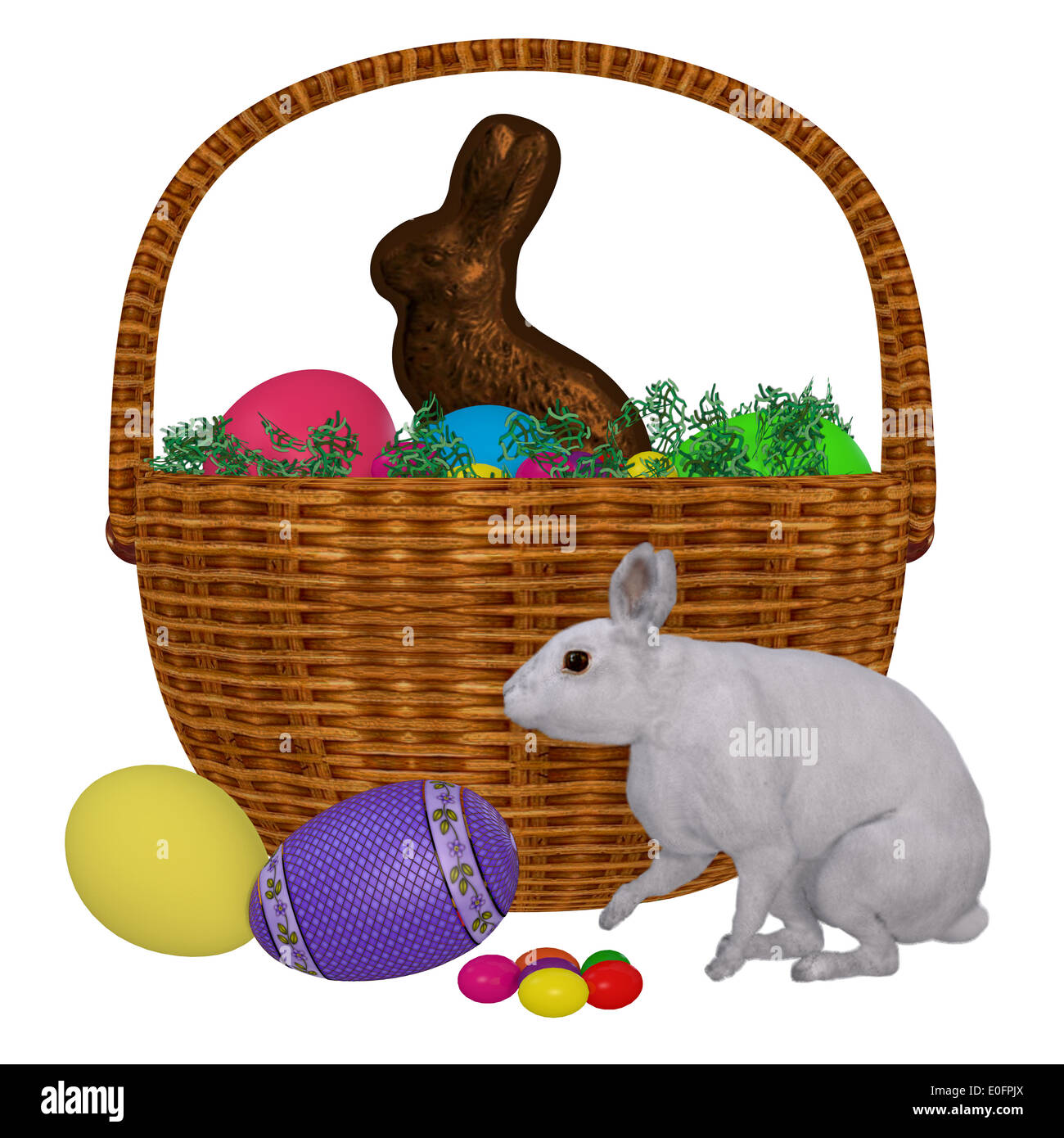 Un panier plein d'oeufs colorés et des bonbons avec un lapin blanc symbolise les vacances de Pâques. Banque D'Images