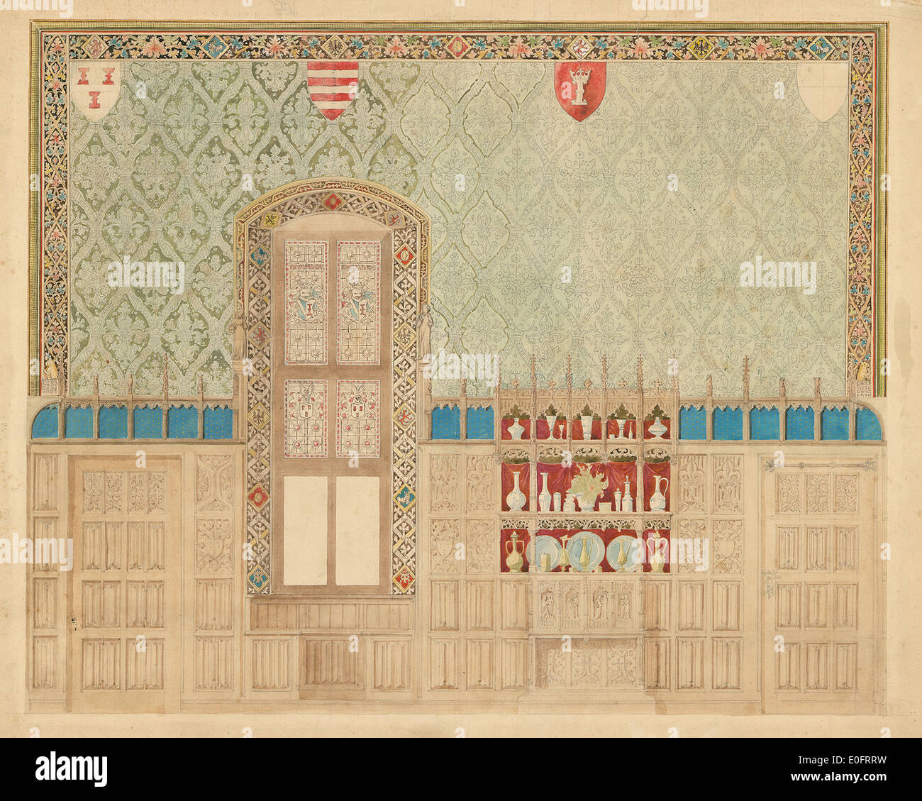Photographie historique de décoration murale dans un bâtiment. L'image capture le design complexe et l'artisanat impliqués dans la décoration des murs, mettant en valeur les styles artistiques qui prévalaient pendant la période où il a été créé. Banque D'Images