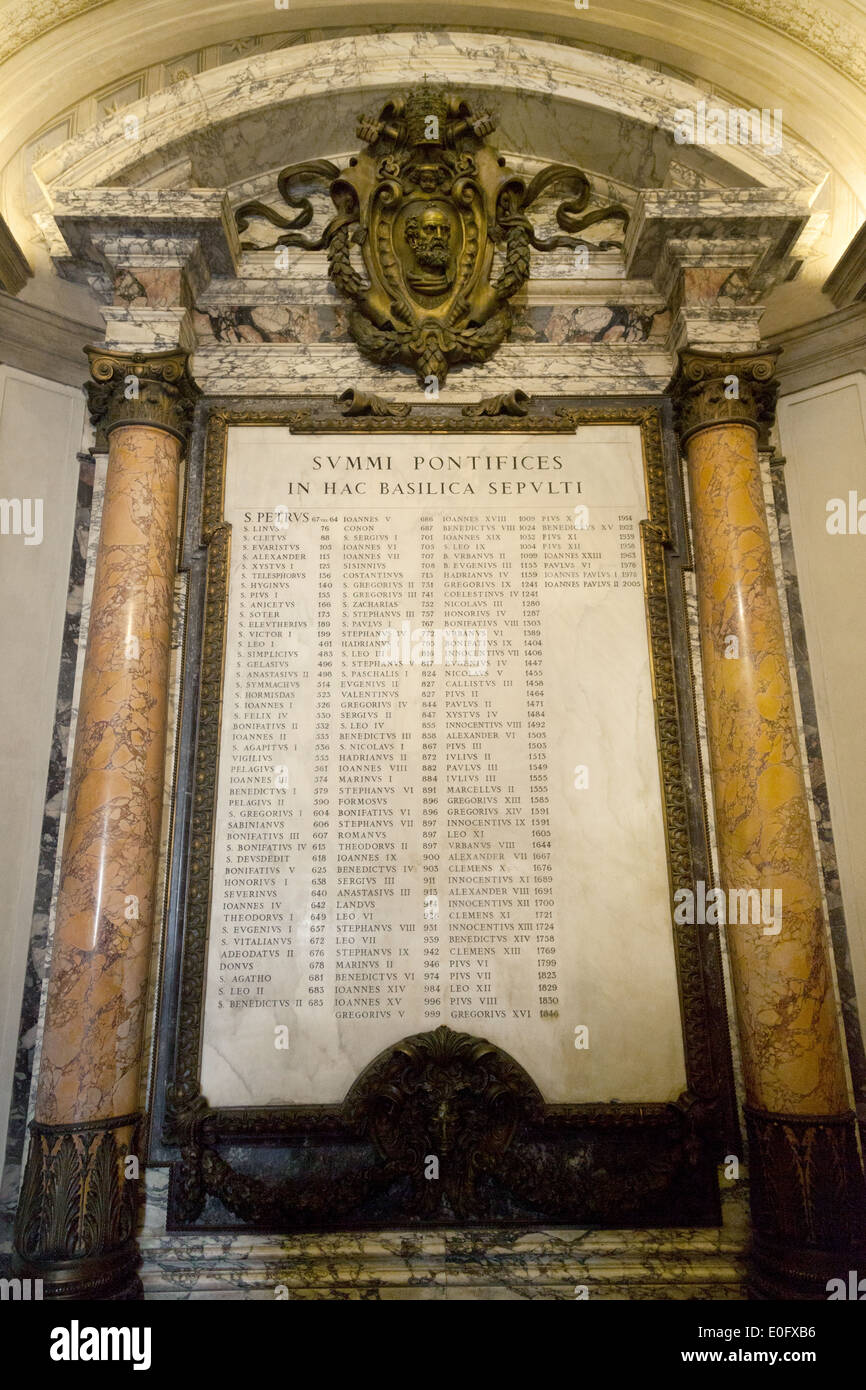 Liste des papes précédents; l'intérieur de l'église de la basilique St Peters, Cité du Vatican, Rome Italie Europe Banque D'Images