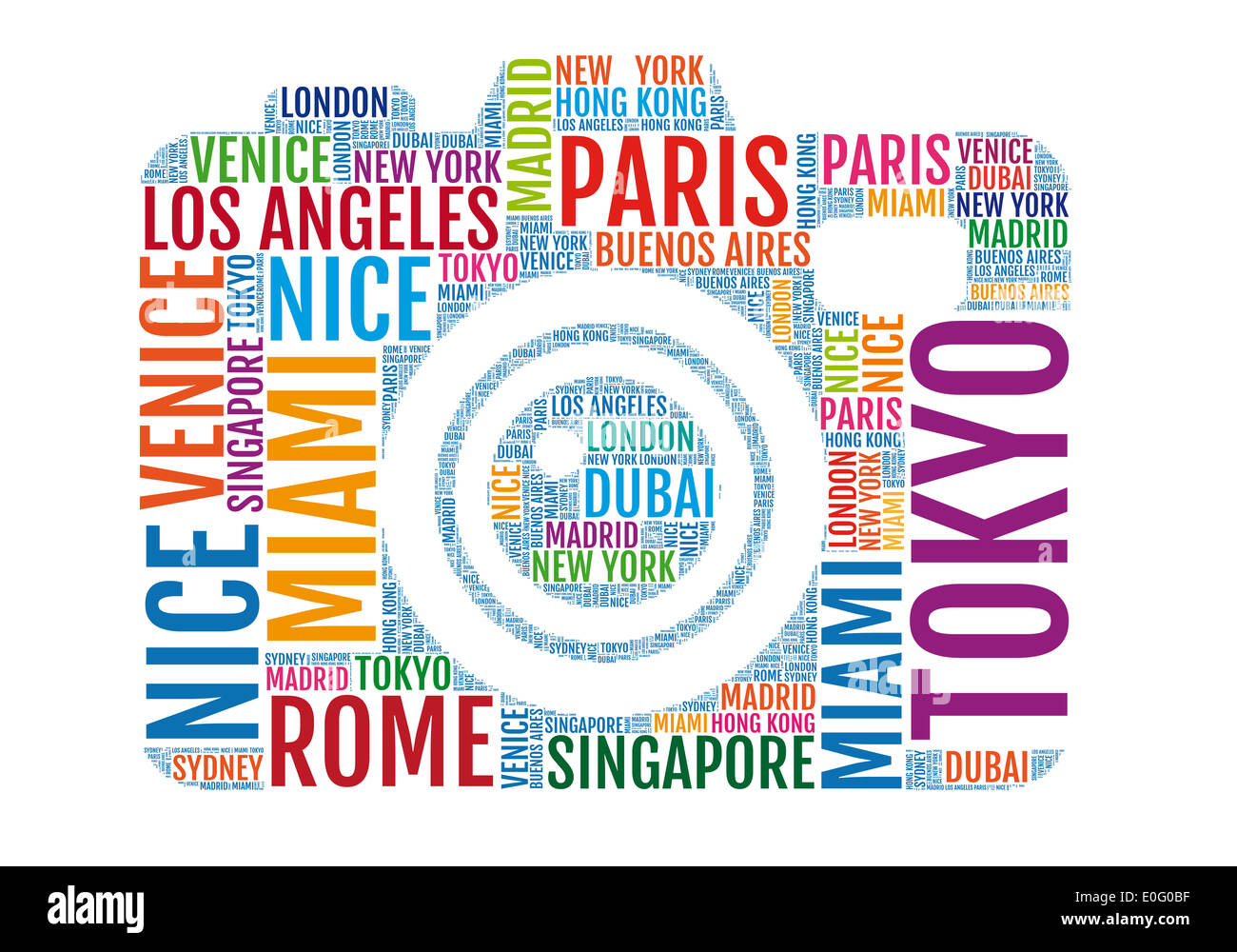 Visites, photo caméra avec des noms de ville, word art, vector illustration Banque D'Images