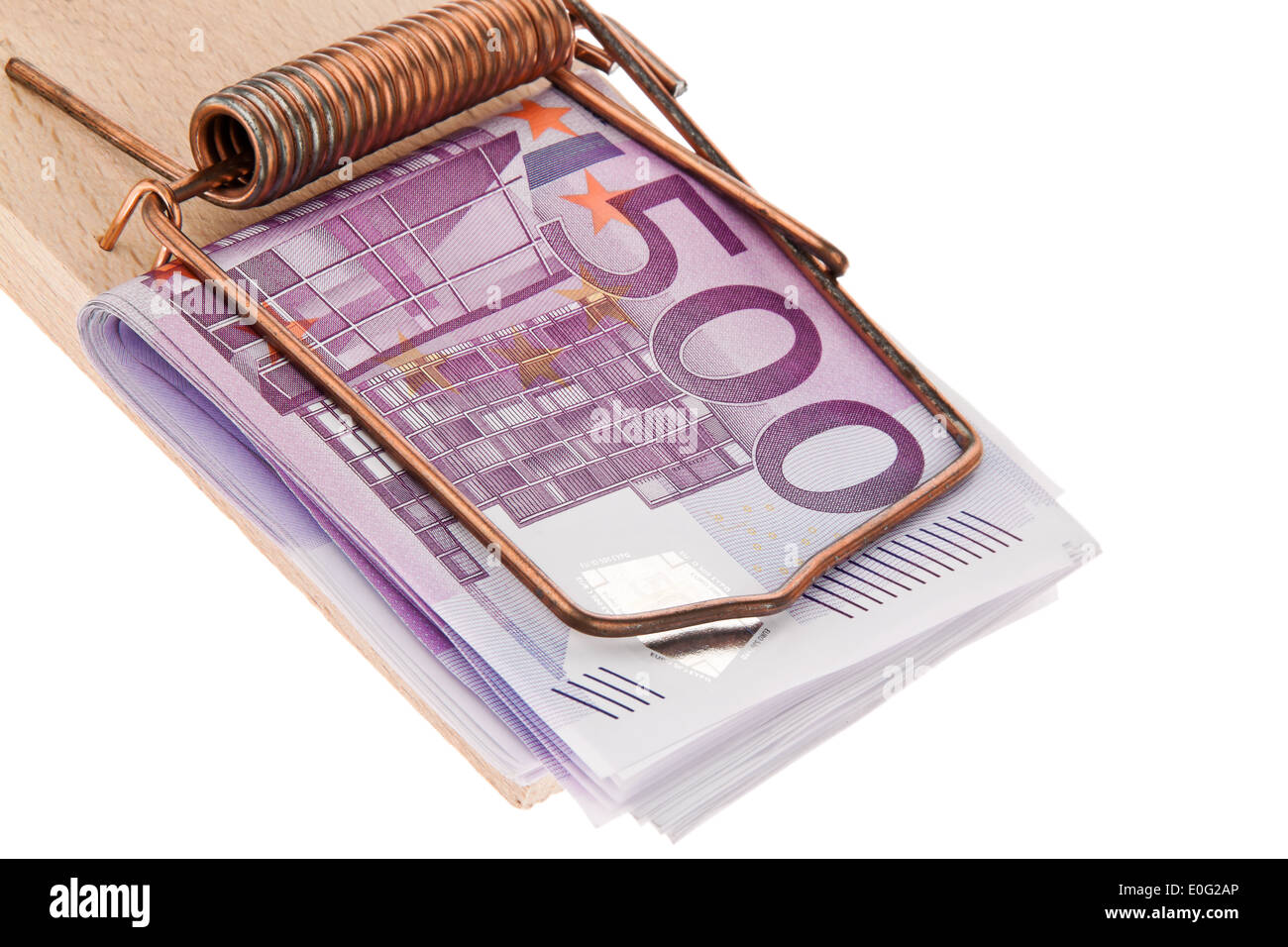 Beaucoup d'euros de billets de banque dans une souricière., Viele Euro Geldscheine in einer Mausefalle. Banque D'Images