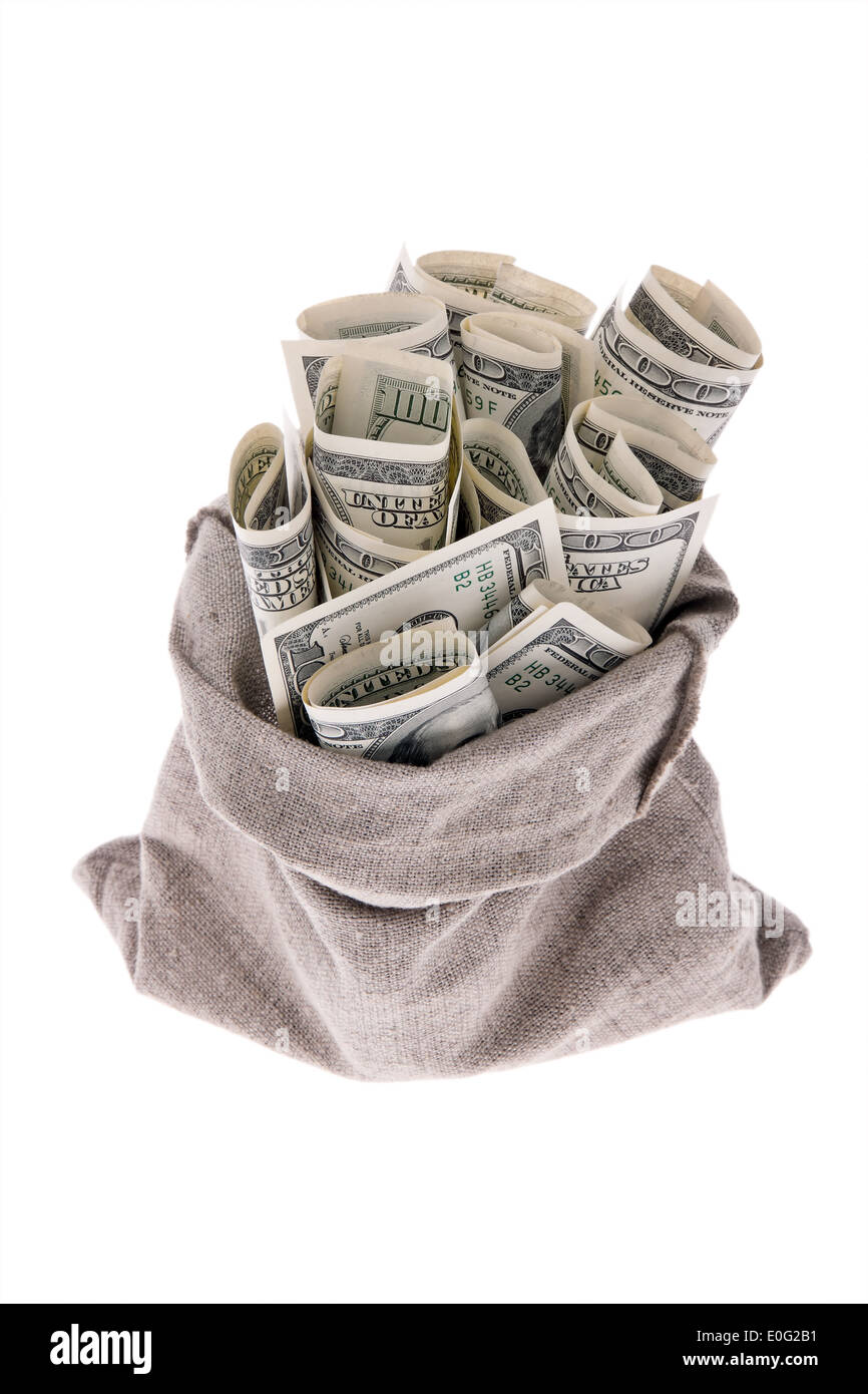 Beaucoup de dollars de billets de banque dans un sac, Viele Dollar Geldscheine einem Sack Banque D'Images