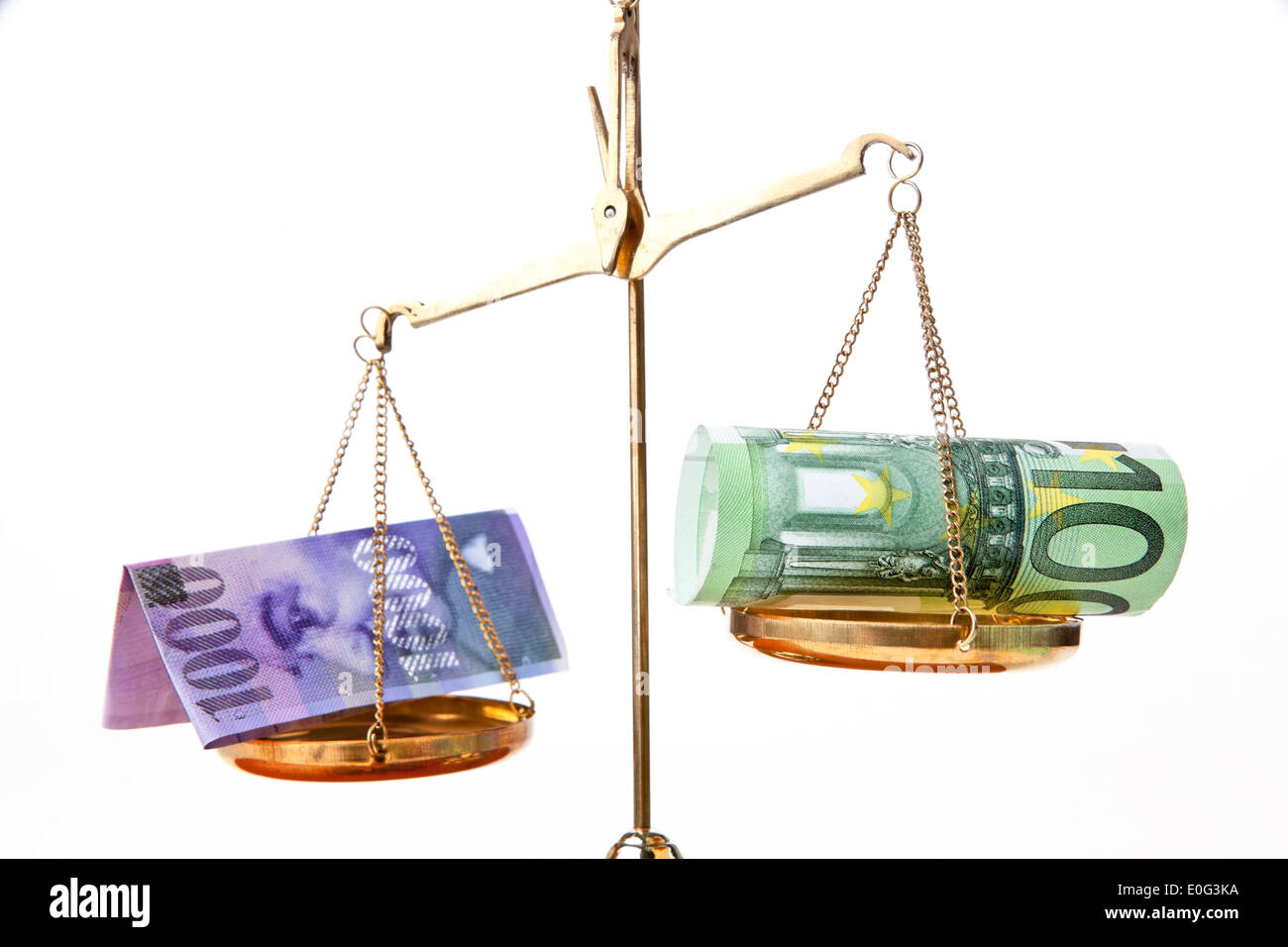 Euro et Franc Suisse sur les balances, Euro und Schweizer Franken auf einer Waage Banque D'Images