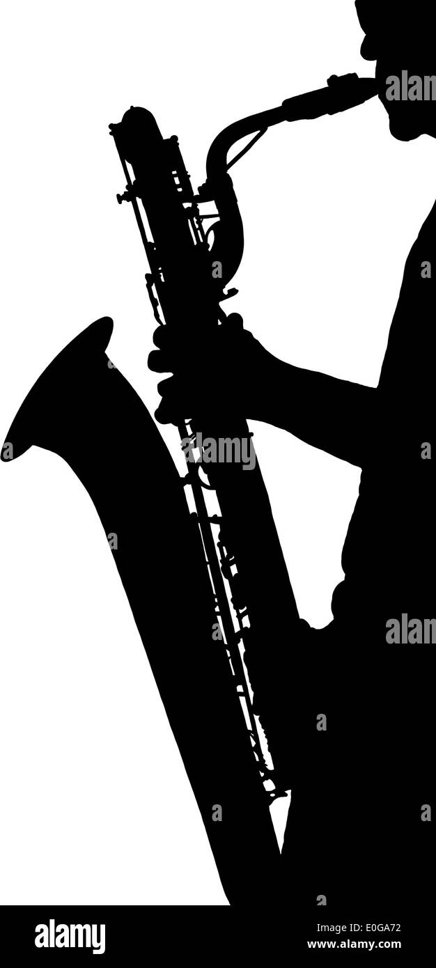 Silhouette d'un saxophoniste noir sur fond blanc. Banque D'Images