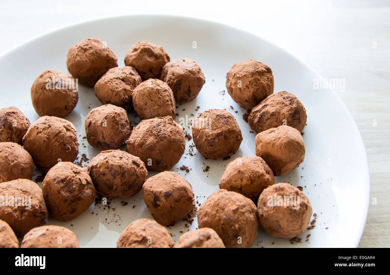 Truffes au chocolat maison dans la poudre de cacao on white plate Banque D'Images