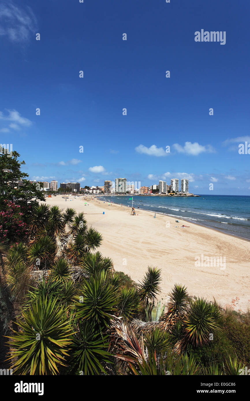 Plage de sable fin, Oropesa del Mar, Costa del Azahar, Province Castellon, Espagne Banque D'Images