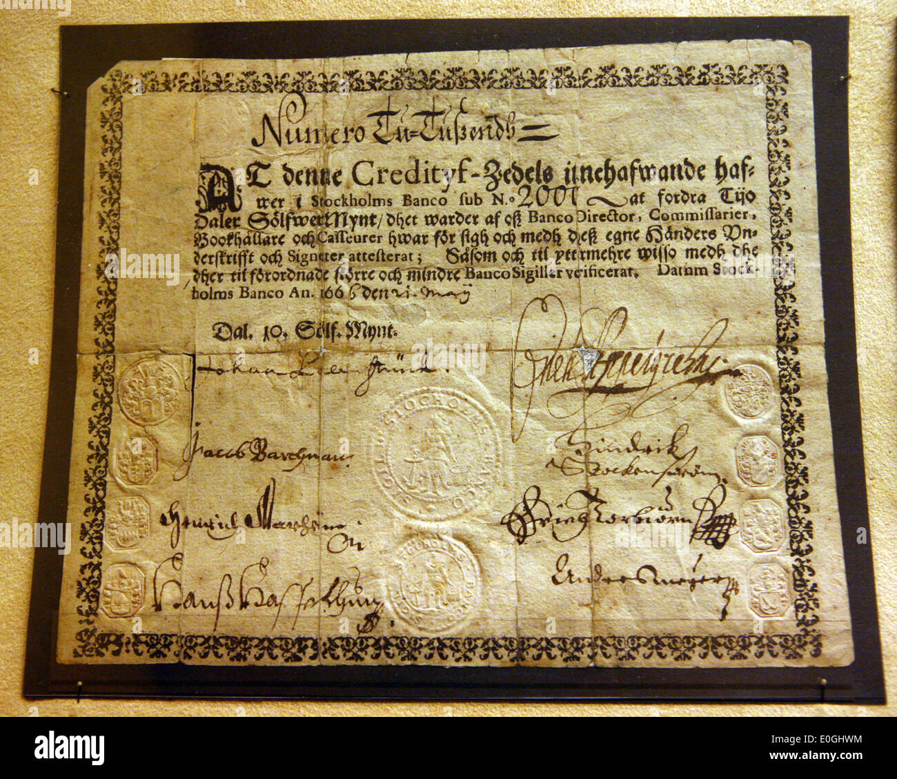 La Stockholm Banco papier-monnaie pour 10 daler en argent 1666 Banque D'Images