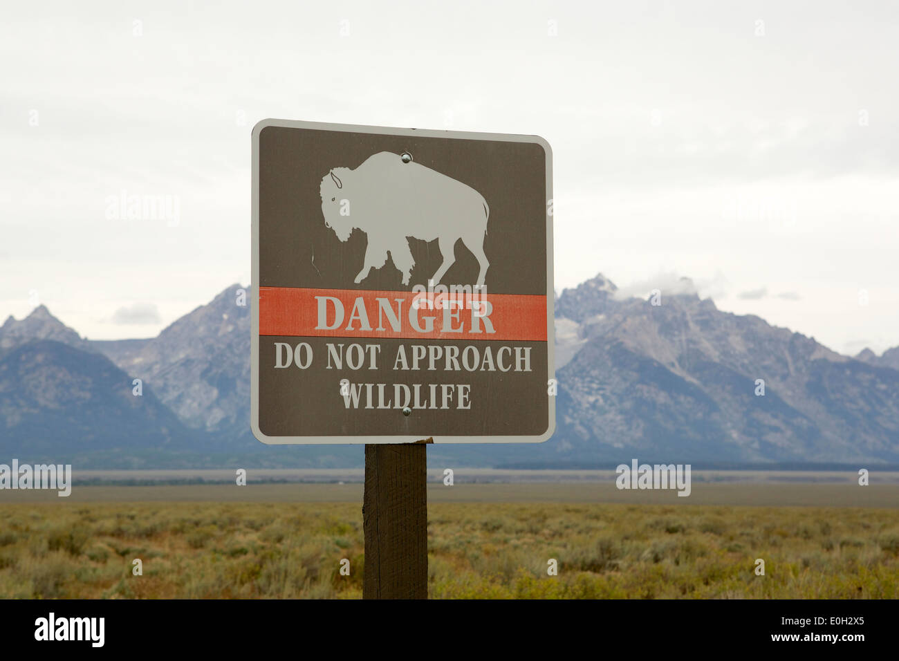 Un signe commun dans le Grand Tetons National park attention de troupeaux de bisons qui se promènent en liberté, avec Grand Tetons mountain range Banque D'Images