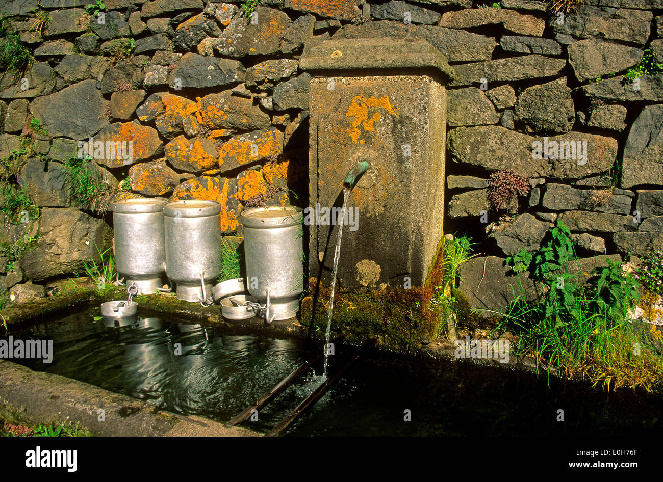 L'eau d'une fontaine de village bien en Auvergne, France avec des conteneurs pour transporter de l'eau Banque D'Images