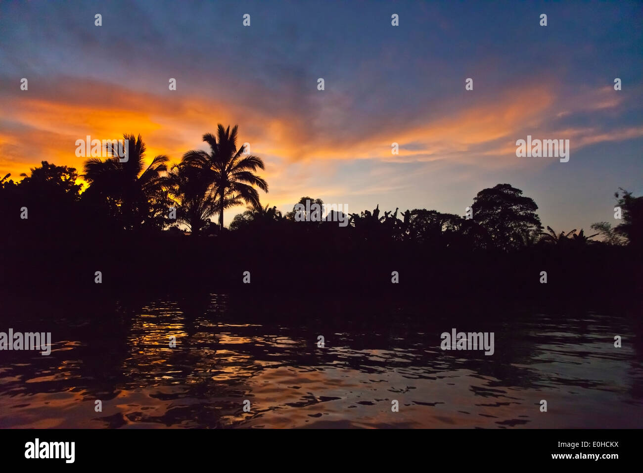 Un magnifique coucher de soleil vu d'un bateau dans la rivière KINABATANGAN Wildlife Sanctuary - SABAH, Bornéo Banque D'Images
