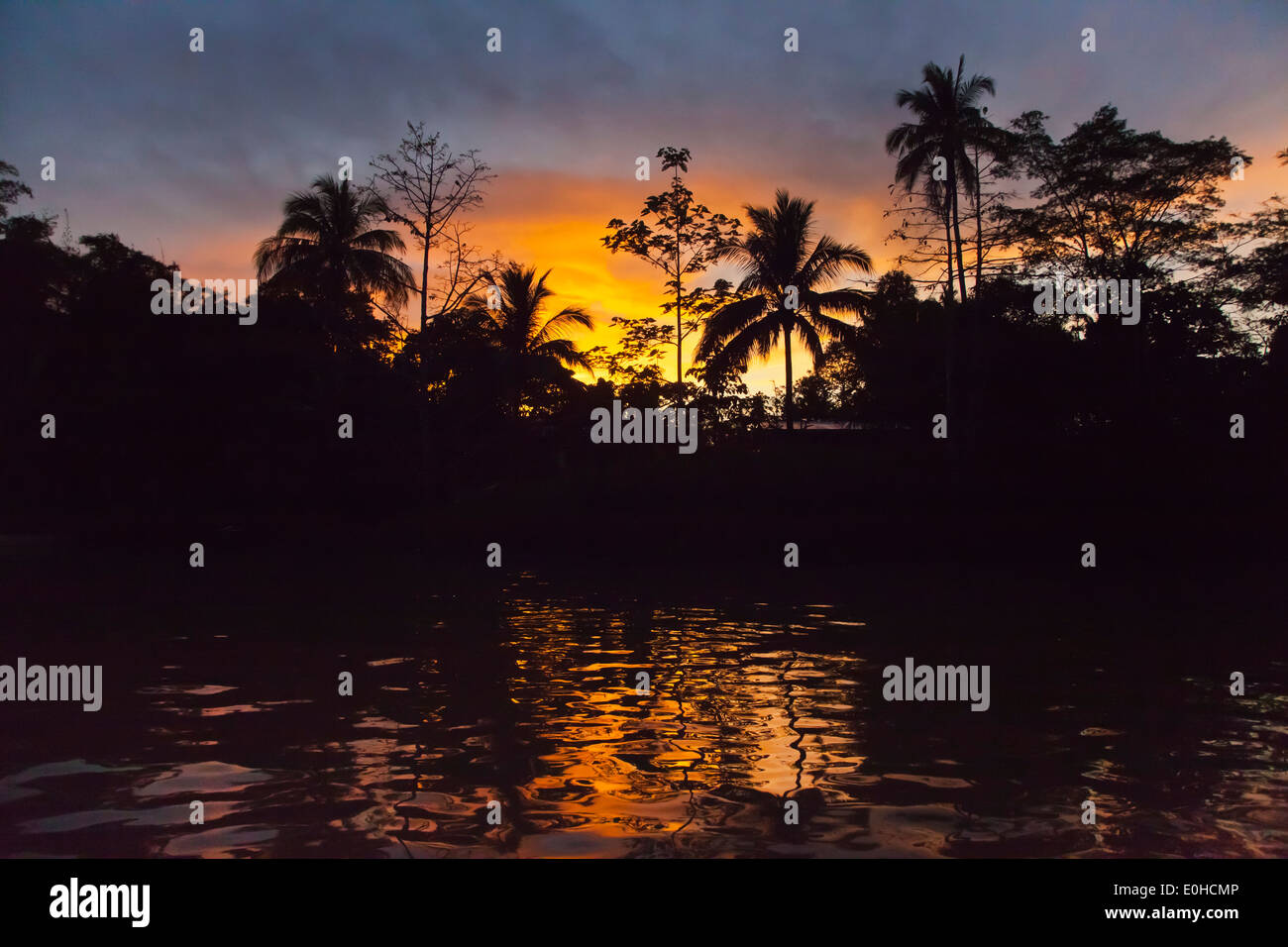 Un magnifique coucher de soleil vu d'un bateau dans la rivière KINABATANGAN Wildlife Sanctuary - SABAH, Bornéo Banque D'Images