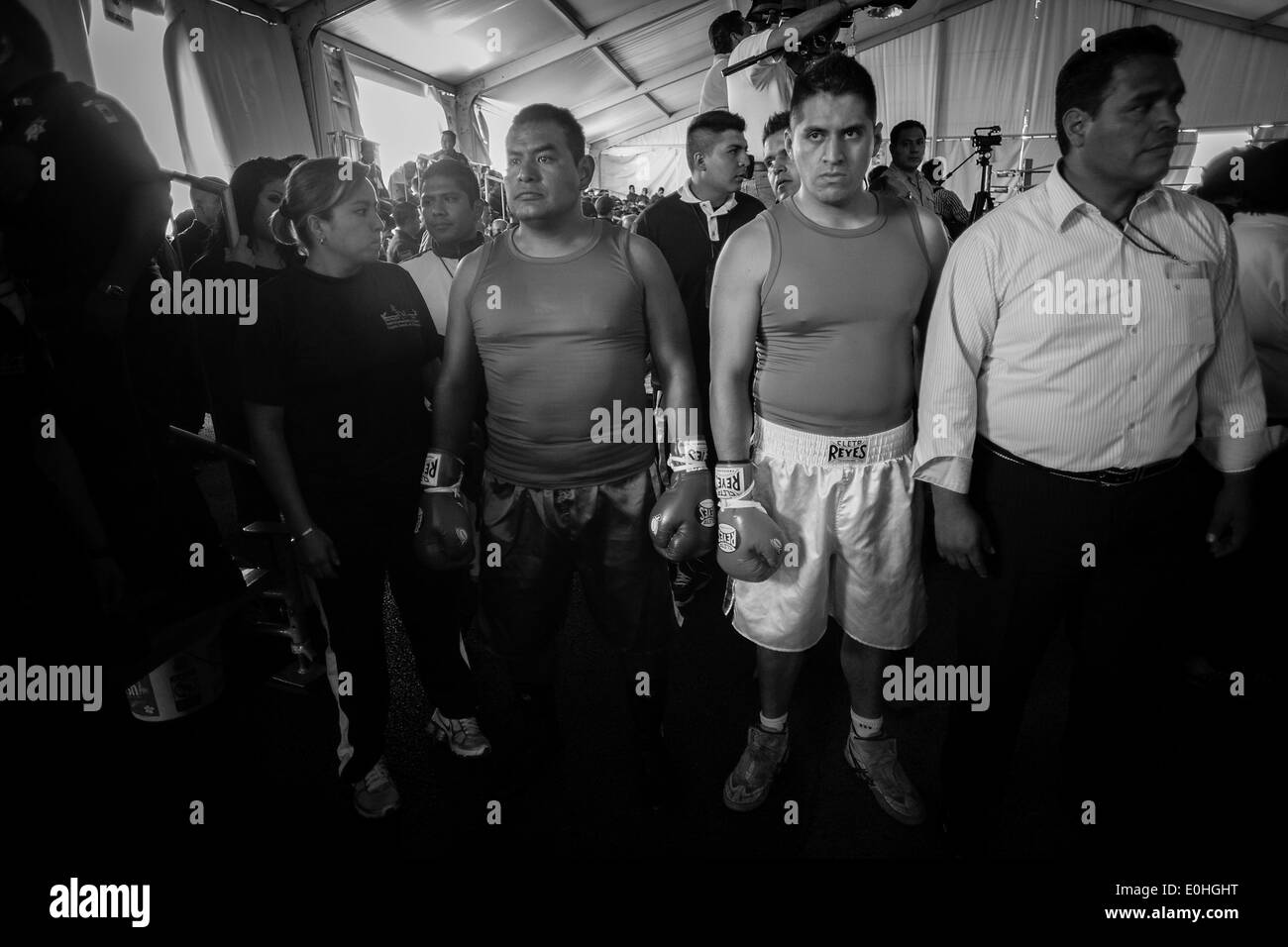 (140514) -- MEXICO, 14 mai 2014 (Xinhua) -- La police fédérale Francisco Javier Ruiz Garcia (L-centre) et marine Luis Felipe 'El Choco' Garcia (R-centre) se préparent pour leur lutte pendant le premier tournoi de boxe pour les policiers qui est organisé par le Conseil mondial de la boxe et de la Commission nationale des Sports (CONADE, pour son sigle en espagnol) au centre de commandement de la Police Fédérale du Mexique, dans la ville de Mexico, capitale du Mexique, le 13 mai 2014. Au moins 160 membres de la Police fédérale, Secrétaire de la Défense Nationale (SEDENA, pour son sigle en espagnol), Secrétaire de la Marine, SEMAR (fo Banque D'Images
