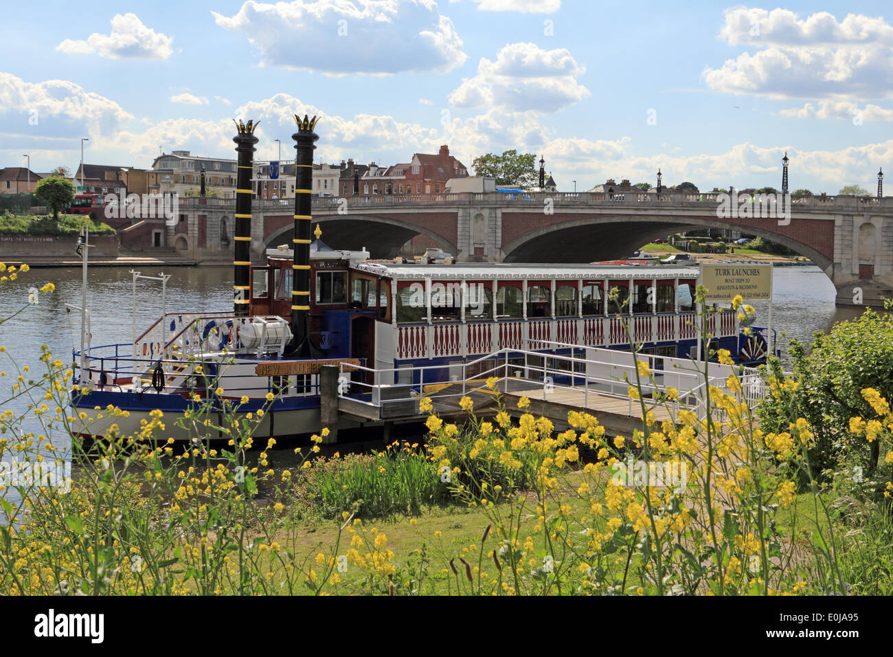 Hampton Court, Angleterre, Royaume-Uni. 14 mai 2014. C'était un jour chaud et ensoleillé dans le sud-ouest de Londres. Le bateau à aubes colorées 'nouveau traversier Southern Belle' est amarré sur les rives de la Tamise à côté de Hampton Court Bridge, prêt à prendre des passagers vers Kingston. Credit : Julia Gavin/Alamy Live News Banque D'Images