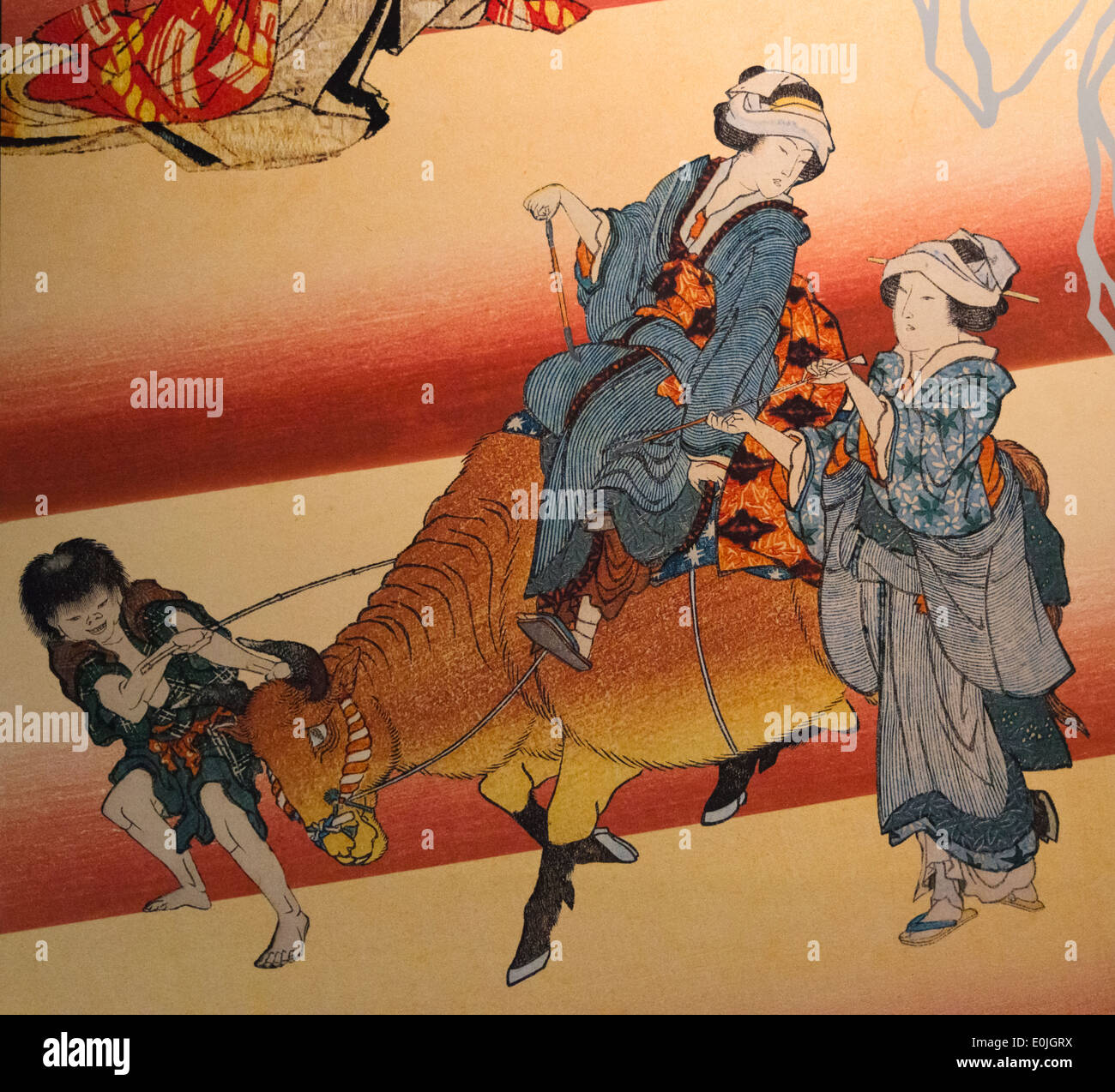 L'Ukiyo-e peinture représentant les femmes à cheval sur le buffle d'eau dans l'ancien temps, le Japon Banque D'Images