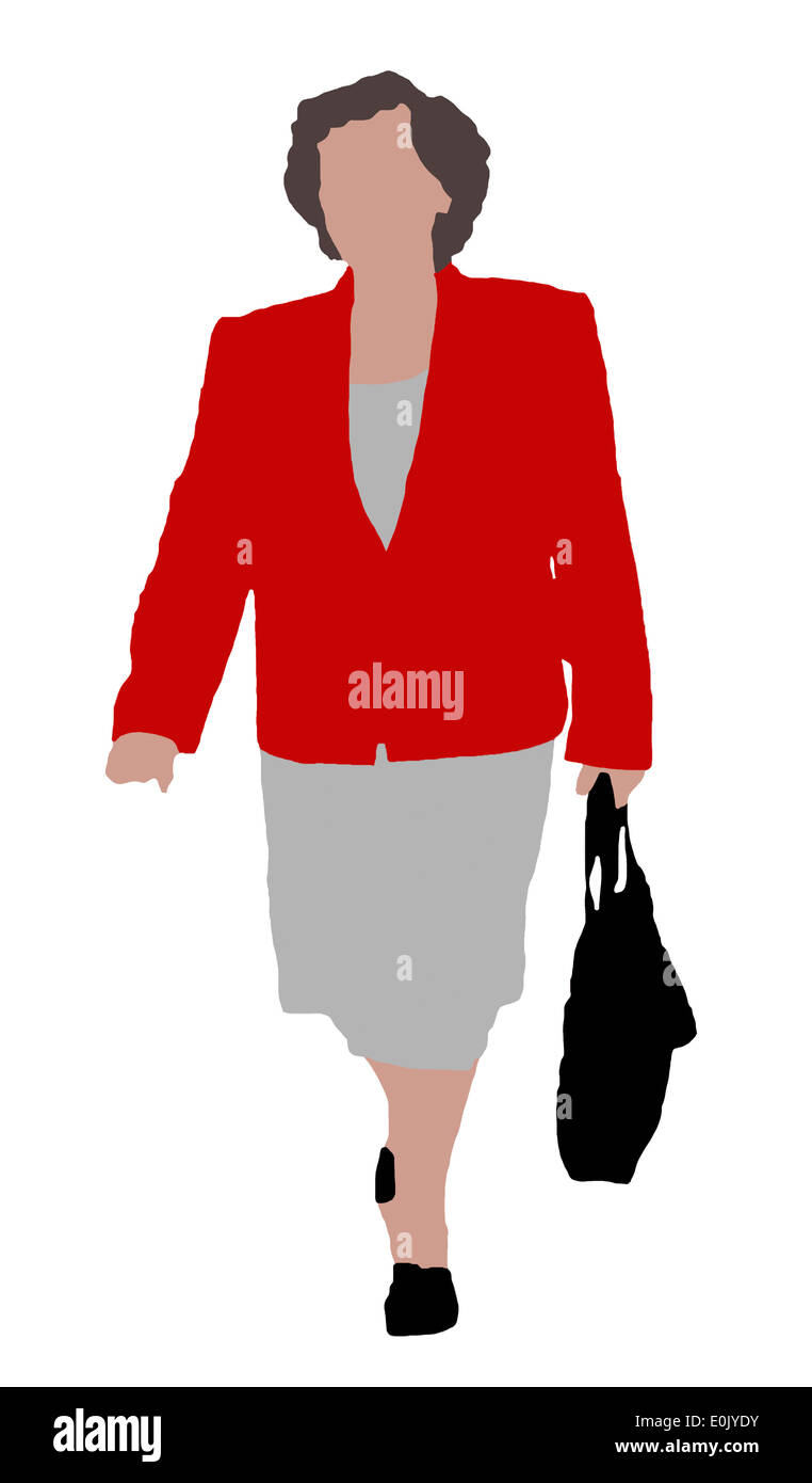 Femme plus âgée dans une veste rouge et gris jupe, marcher avec un sac noir Banque D'Images