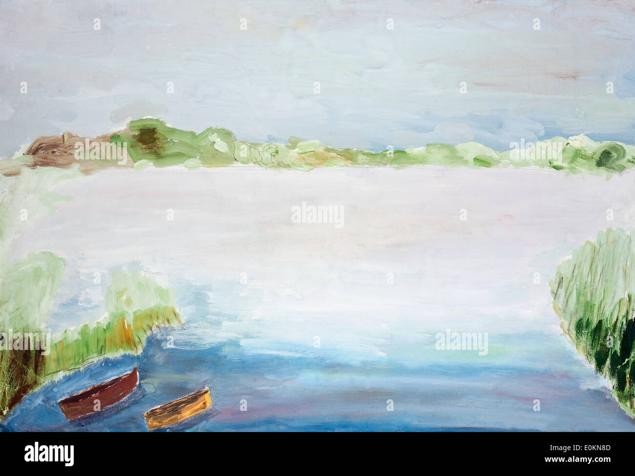 Brouillard froid matin d'automne sur le lac paysage. Enfant naïf fait main art peinture aquarelle Banque D'Images