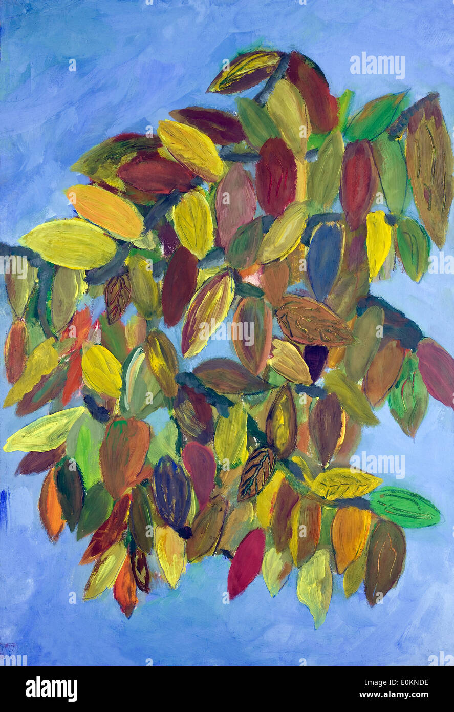 Les feuilles d'automne contre le ciel concept de jazz. L'enfant fait main naine art peinture huile background Banque D'Images