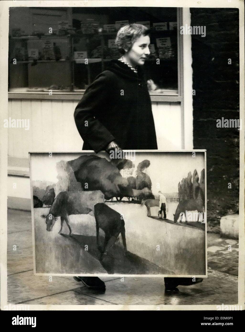 14 février 1953 - Jour Sending-In : Aujourd'hui, c'est l'envoi en journée à la R.B.A. Galeries, Suffolk-street-pour les jeunes contemporains Exposition, qui s'ouvre Du 09 au 25 mai. Photo montre. Mlle Anne Hamilton, 19 ans, de Muswell Hill, arrivant avec sa peinture appelée ''l' Banque D'Images