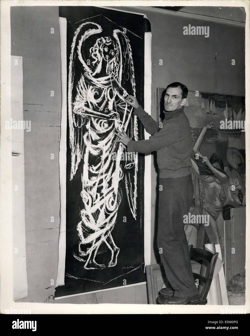 16 février 1953 - Nouvelle Zélande artiste et son 'ange' conçu pour la cathédrale de Coventry Windows : M. John Hutton l'artiste-ancien avocat-est à l'œuvre à son St. John's Wood (Londres) studios sur le ''Anges''-qui sont la grâce l'écran en verre de l'ouest accueil qui est d'augmenter de 70 pieds de la cathédrale de Coventry. Il y aura cinquante des anges dans tous-tous-verre gravé et sont à risque de causer tout à fait un conttroversy-pour les anges seront essentiellement ''féminin'' avec un nuage de cheveux crinkly énorme, de grands yeux ronds et rosebud bouche-et elle porte des robes disphanous. Jusqu'à présent M. Banque D'Images