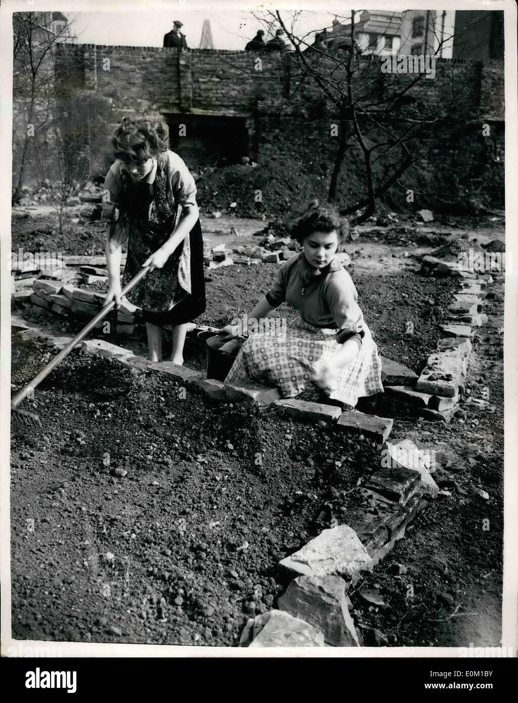 Mar. 03, 1953 - Les bénévoles Construire Jardin couronnement sur site : bénévoles de l'un des bureaux de la ville sont occupés - le samedi après-midi - dans la construction d'un jardin de couronnement sur un site près de bombe St. Photo montre Brenda Freeman, de Forest Hill, et Pat Moore, de Finsbury, vu à l'oeuvre sur le jardin cet après-midi. Banque D'Images