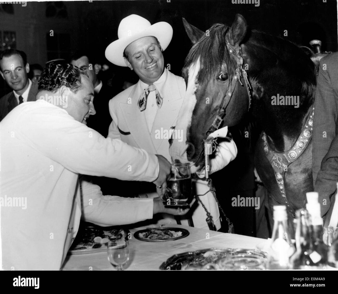 Jock Tracey donnant Gene Autry's horse un verre dans un Accueil presse Banque D'Images