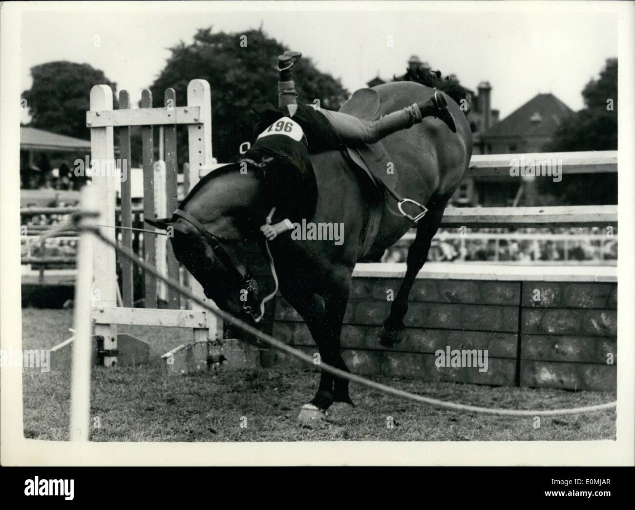 Juin 06, 1955 - Susan vient un Cropper - Au Richmond Royal Horse Show. Photo montre Mlle Susan Page, 10 ans, de Newbury, école ''Taylors Togo'' - vient un cropper, tout en participant à la Fontaine Challenge Cup pour les poneys de saut (n'excédant pas 14,2 mains), lors de la finale au Richmond Royal Horse Show aujourd'hui. Banque D'Images