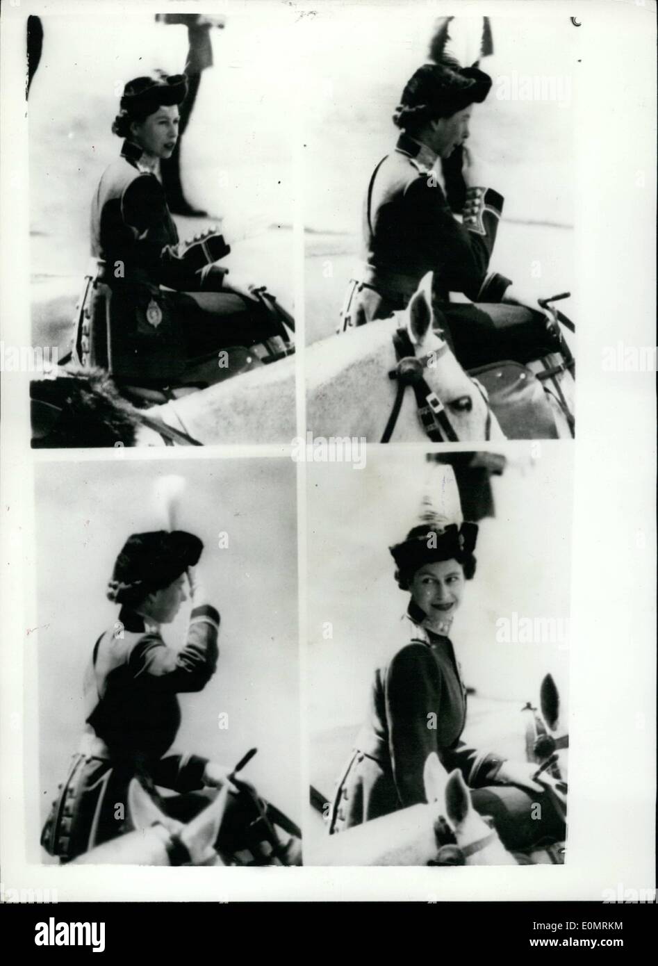 Mai 05, 1956 - La parade la cérémonie des couleurs. Sa Majesté la Reine du défilé. : Quatre études de S. M. la Reine comme elle a pris le salut sur Horse Guards Parade aujourd'hui, à la cérémonie de la parade la couleur, la reine anniversaire officiel parade. Banque D'Images