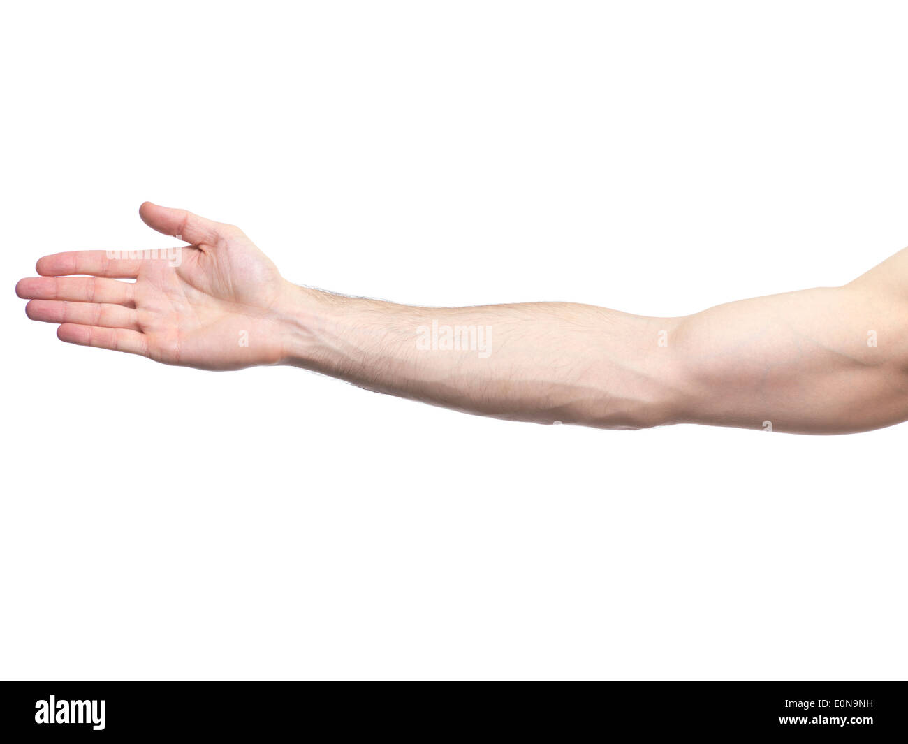 Le bras de l'homme à ouvrir palm isolé sur fond blanc Banque D'Images