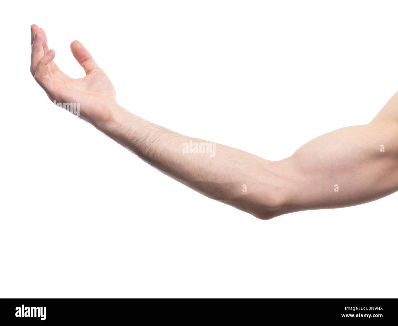 Mâle étendu avec bras ouvrez palm isolé sur fond blanc Photo Stock - Alamy