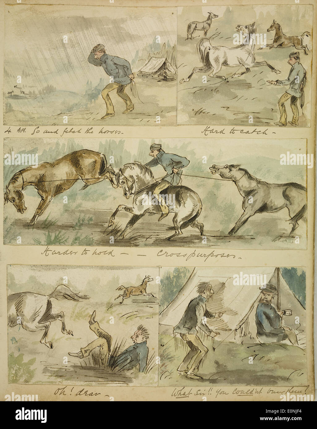 Un dialogue historique humoristique ou une citation faisant référence à une tâche difficile à 4 heures du matin impliquant des chevaux, reflétant le travail tôt le matin ou des tâches d'une époque révolue. Banque D'Images