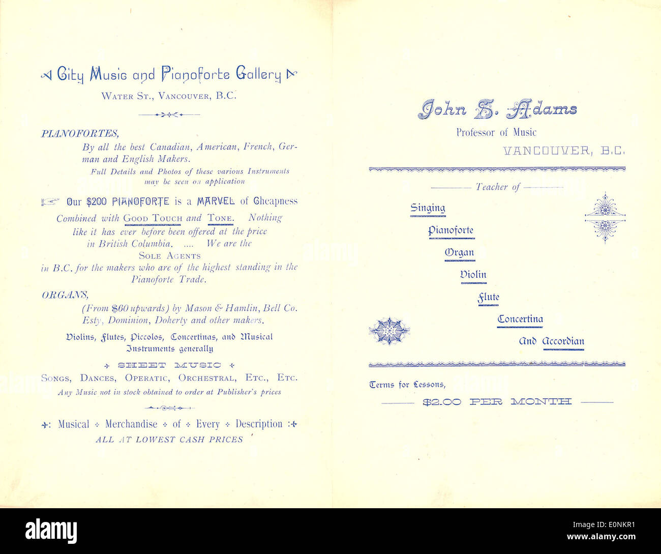 La publicité présente John S. Adams comme professeur de musique, promouvant sa City Music et Pianoforte Gallery. Il met en lumière les offres éducatives et musicales disponibles dans ce lieu. Banque D'Images
