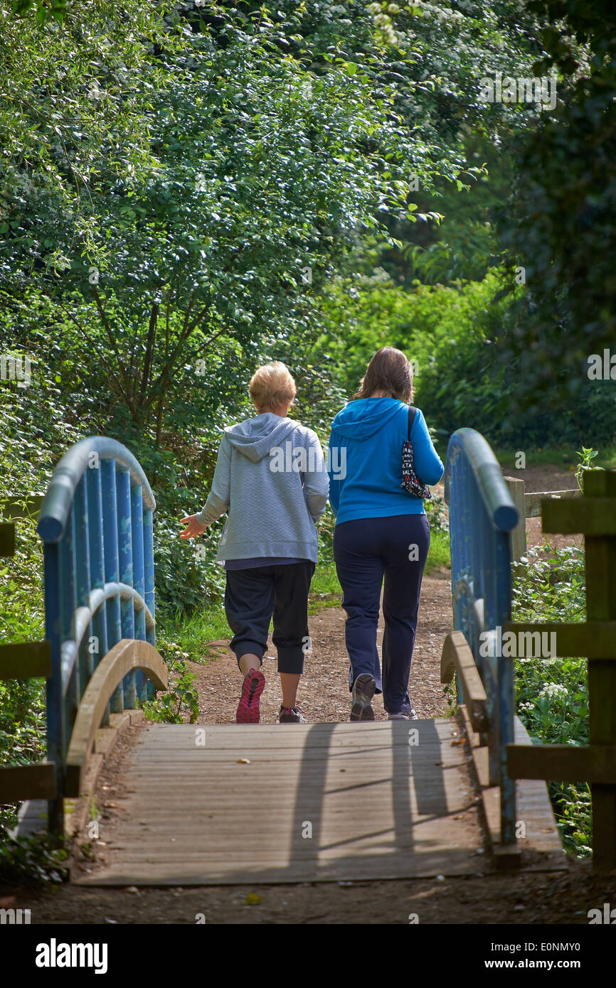 Deux dames en promenade dans un parc Milton country park Banque D'Images
