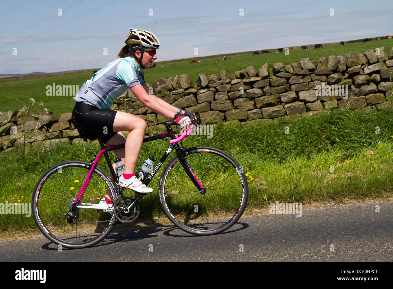 Nidderdale Pately Bridge, Yorkshire, au Royaume-Uni. 17 Mai 2014 : Otley Sportive Vélo organisation hébergeant leurs premières femmes seulement sportive. La Sportiva a présenté aux participants le choix entre deux voies - un support, 40 kilomètres de route de pool pour Harrogate puis Wetherby, et à l'arrière, et une plus longue, 100 km ride qui prendra en Knaresborough, Campsites Canet-en-Roussillon et Wetherby. Banque D'Images