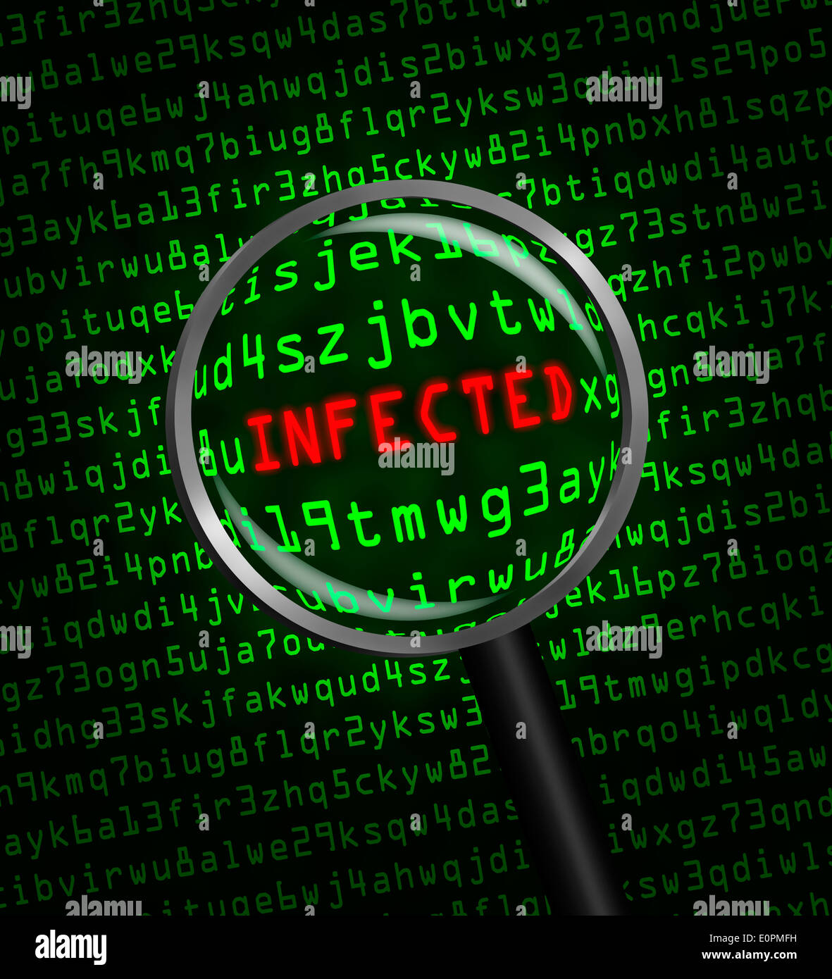 Le mot "virus" en rouge révélé dans green computer code machine à travers une loupe Banque D'Images