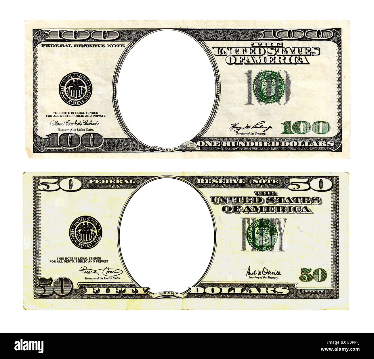 Cent cinquante dollars bills sur fond blanc. Les numéros de série retiré. Banque D'Images