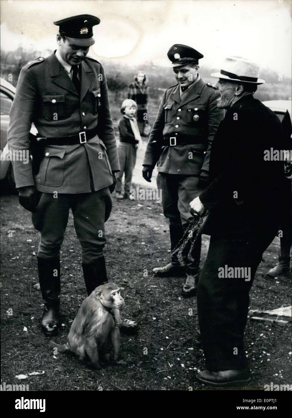 14 décembre 1956 - Arrêté de la police:était dans ces jours à Cologne le petit singe ''Chaplin''. Le titulaire du singe est un showmar.''Chaplin'' a été espaped avant tout biten jours et a un garçon de huit ans. La photo montre les policiers sont arrêtés ''Chaplin' Banque D'Images