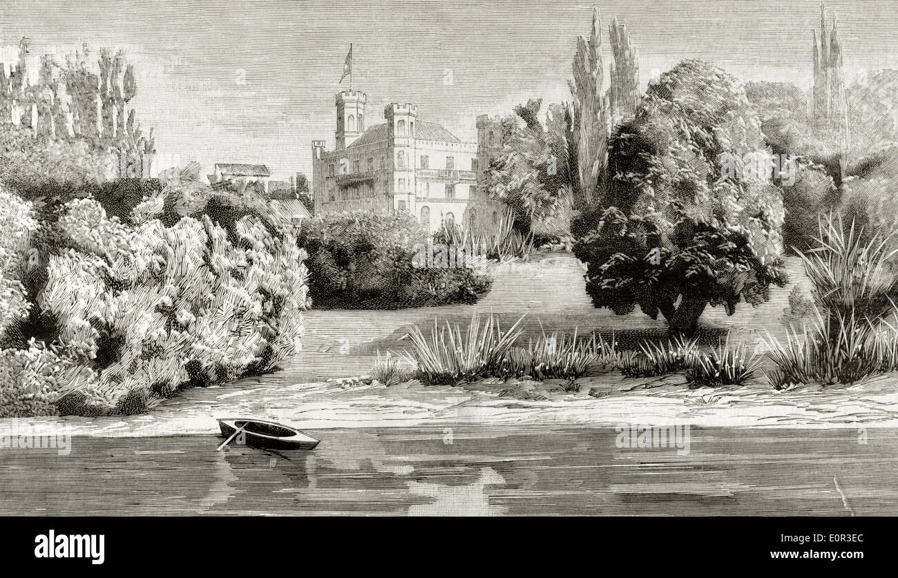 Louis II de Bavière (1845-1886). Roi de Bavière. Château et le Lac de Starnberg, dernière résidence et lieu de sa mort. La gravure. Banque D'Images