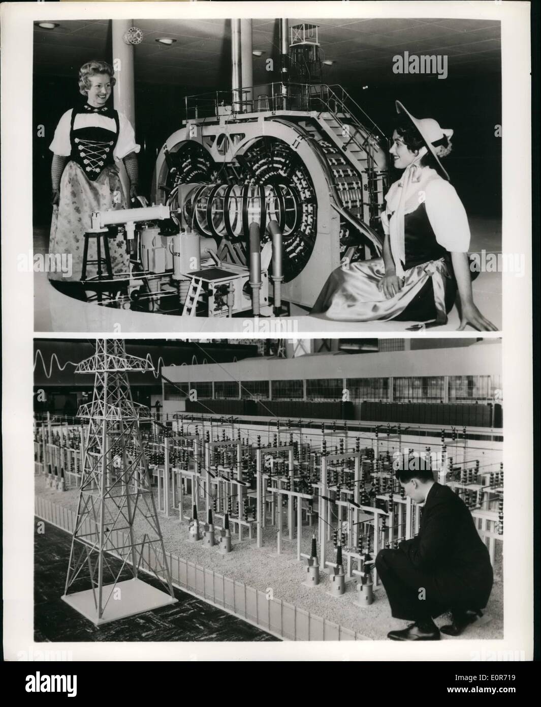 Mai 05, 1958 - paire atomes : un point fort de l'exposition à la Britannique Bruxelles (Belgique) Salon International sont la contribution à l'ère nucléaire. Photo montre deux de l'ère nucléaire britannique. expositions. Top : Swiss Misses Rose (à gauche) et Rita Kuttel avec le modèle de Zeta (Zero Energy Termonuclear Assemblée générale). Zeta en août dernier a réussi à exploiter la puissance des bombes-H pour une fraction de seconde. Bas : Modèle du haut-woltage de l'appareillage électrique de l'énergie atomique de Bradwell , en cours de construction dans le sud de l'Angleterre dans le cadre de la Grande-Bretagne, l'énergie nucléaire à l'échelle nationale. Banque D'Images