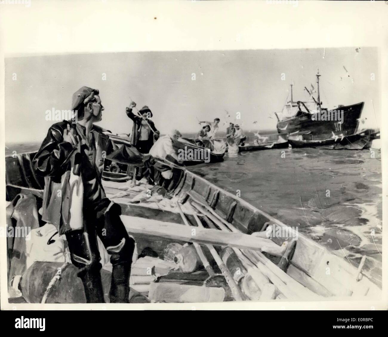 30 décembre 1958 - Exposition de peinture russe à l'Académie Royale. : Une exposition d'œuvres d'artistes russes et soviétiques est en cours de préparation à l'Académie Royale - sous les auspices de l'Arts Council. L'exposition s'ouvre sur jan. 1st. Pendant deux mois. Photo show ''pêcheurs letton'' 1951 par Janis Tso né en 1926 - L'une des pièces. Banque D'Images